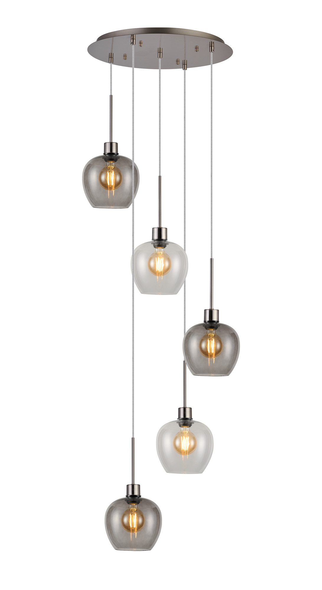 DK1387  Lori 45cm Round Pendant, 5 Light Adjustable E27, Satin Nickel/Clear/Smoke Wine Shades